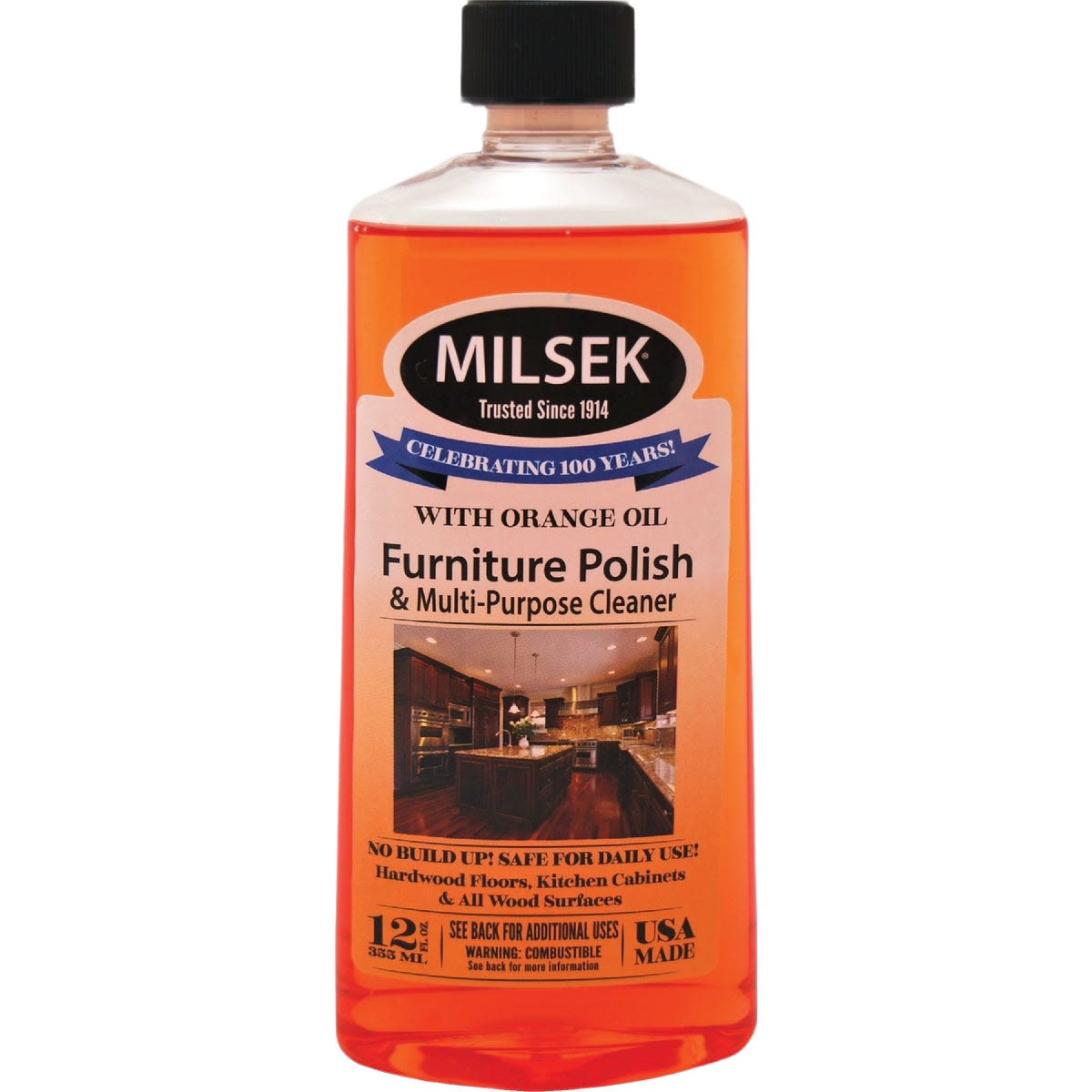 Plastic bottle of orange oil wood furniture polish and multi-purpose cleaner with black cap, designed to brighten and protect wood surfaces, featured in Home & Decor and USA Made collections.