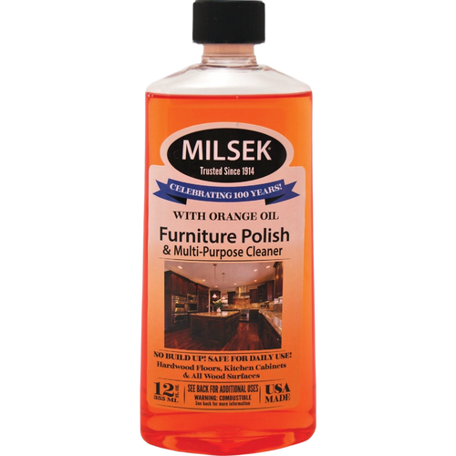 Plastic bottle of orange oil wood furniture polish and multi-purpose cleaner with black cap, designed to brighten and protect wood surfaces, featured in Home & Decor and USA Made collections.