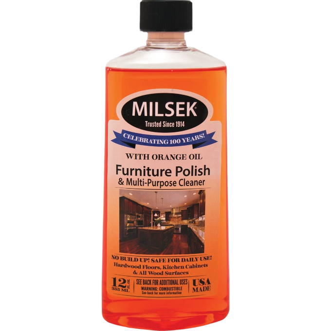 Plastic bottle of orange oil wood furniture polish and multi-purpose cleaner with black cap, designed to brighten and protect wood surfaces, featured in Home & Decor and USA Made collections.