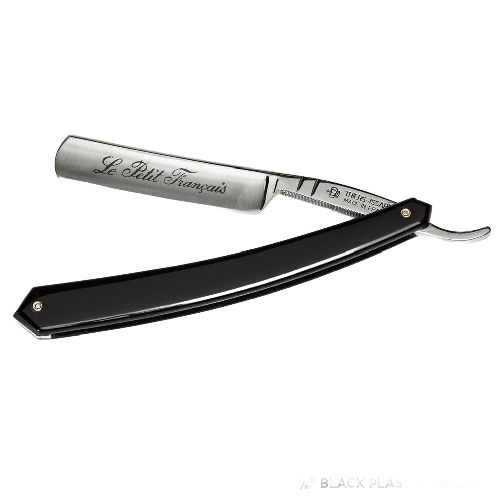 Handcrafted straight razor with a finely etched stainless steel blade and smooth black handle, ideal for Grooming and Personal Hygiene, Health & Wellness, Best Sellers, and Promo Eligible collections.