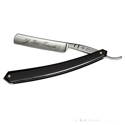 Handcrafted straight razor with a finely etched stainless steel blade and smooth black handle, ideal for Grooming and Personal Hygiene, Health & Wellness, Best Sellers, and Promo Eligible collections.