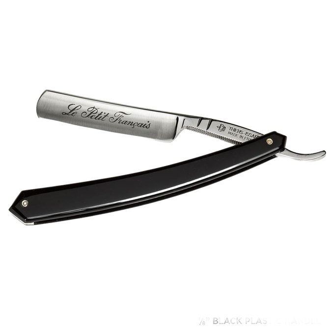 Handcrafted straight razor with a finely etched stainless steel blade and smooth black handle, ideal for Grooming and Personal Hygiene, Health & Wellness, Best Sellers, and Promo Eligible collections.