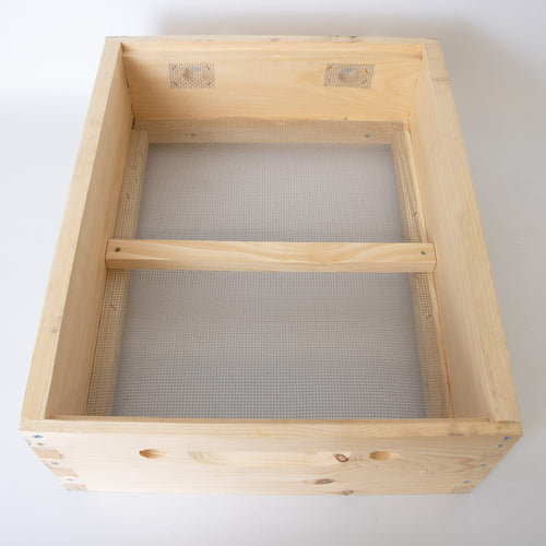Handmade wooden hive topper with mesh screening and sturdy joinery, crafted in the USA by Amish artisans, designed for moisture control in beekeeping, featured in farm and garden collections.