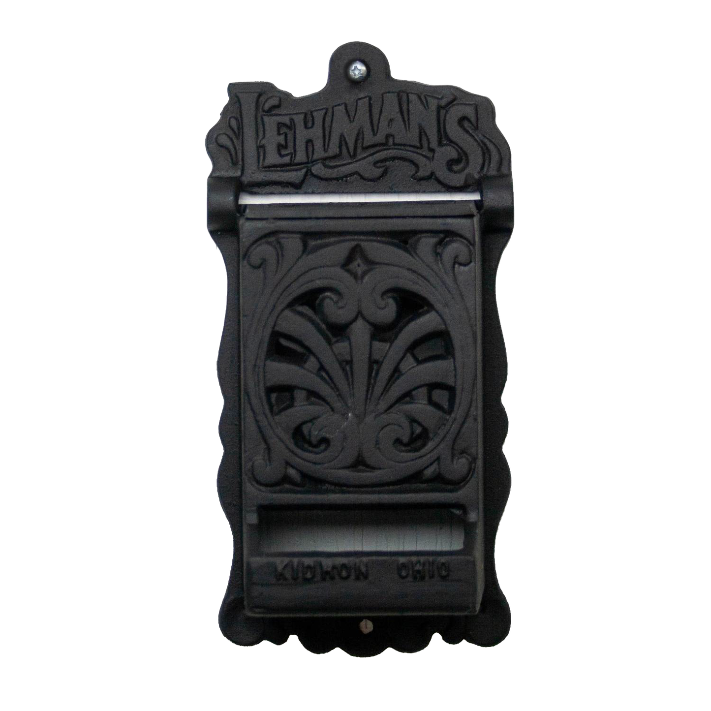 Handcrafted black cast iron wall-mounted matchbox holder with ornate vintage design and Lehman's branding, Amish made in USA, suitable for Home & Decor, Household Helpers, and Best Sellers collections.