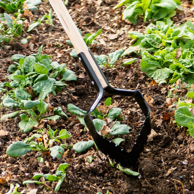 Handcrafted push-pull garden hoe with a long ash handle and sharp serrated steel blade, designed for efficient weed removal in farm and garden tasks, made in USA.