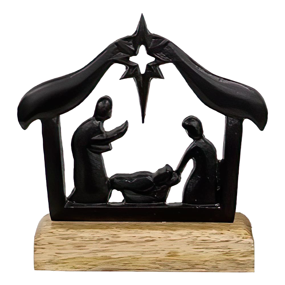 Handcrafted cast iron Nativity silhouette featuring the Holy Family under the North Star on a wooden base, perfect for Home & Decor, Holiday Decor, Best Sellers, and Promo Eligible collections.