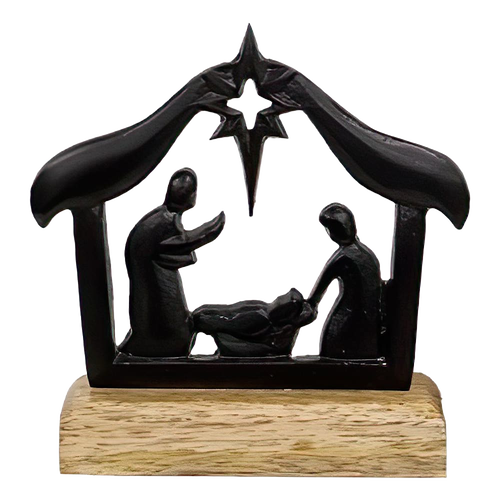 Handcrafted cast iron Nativity silhouette featuring the Holy Family under the North Star on a wooden base, perfect for Home & Decor, Holiday Decor, Best Sellers, and Promo Eligible collections.