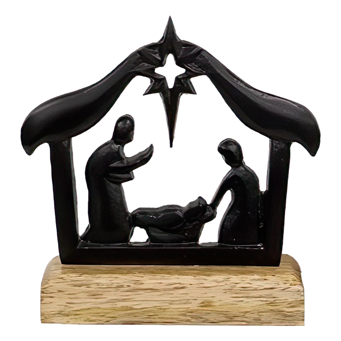 Handcrafted cast iron Nativity silhouette featuring the Holy Family under the North Star on a wooden base, perfect for Home & Decor, Holiday Decor, Best Sellers, and Promo Eligible collections.