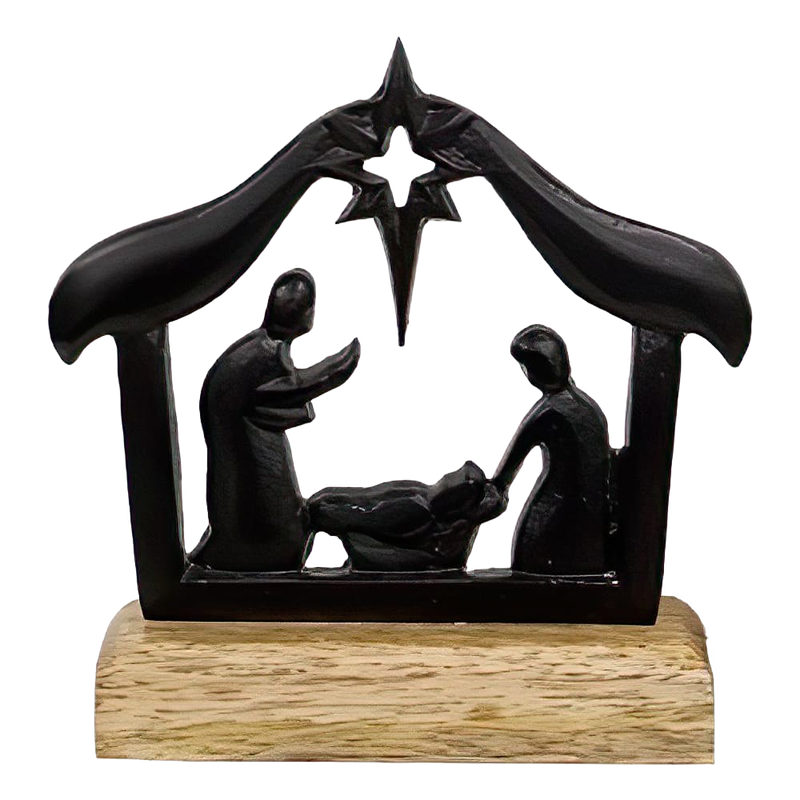 Handcrafted cast iron Nativity silhouette featuring the Holy Family under the North Star on a wooden base, perfect for Home & Decor, Holiday Decor, Best Sellers, and Promo Eligible collections.