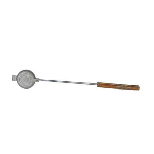 Handcrafted cast iron round pie iron with a metal handle and wooden grip, assembled in the USA, perfect for Farm, Garden & Tool, Camping, Best Sellers, and Promo Eligible collections.