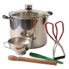 Handcrafted stainless steel water bath canner with glass lid, accompanied by a stainless steel funnel, wooden stirring paddle, red-handled jar lifter, and green tongs for Kitchen & Food, Food Preservation, and Canning collections.