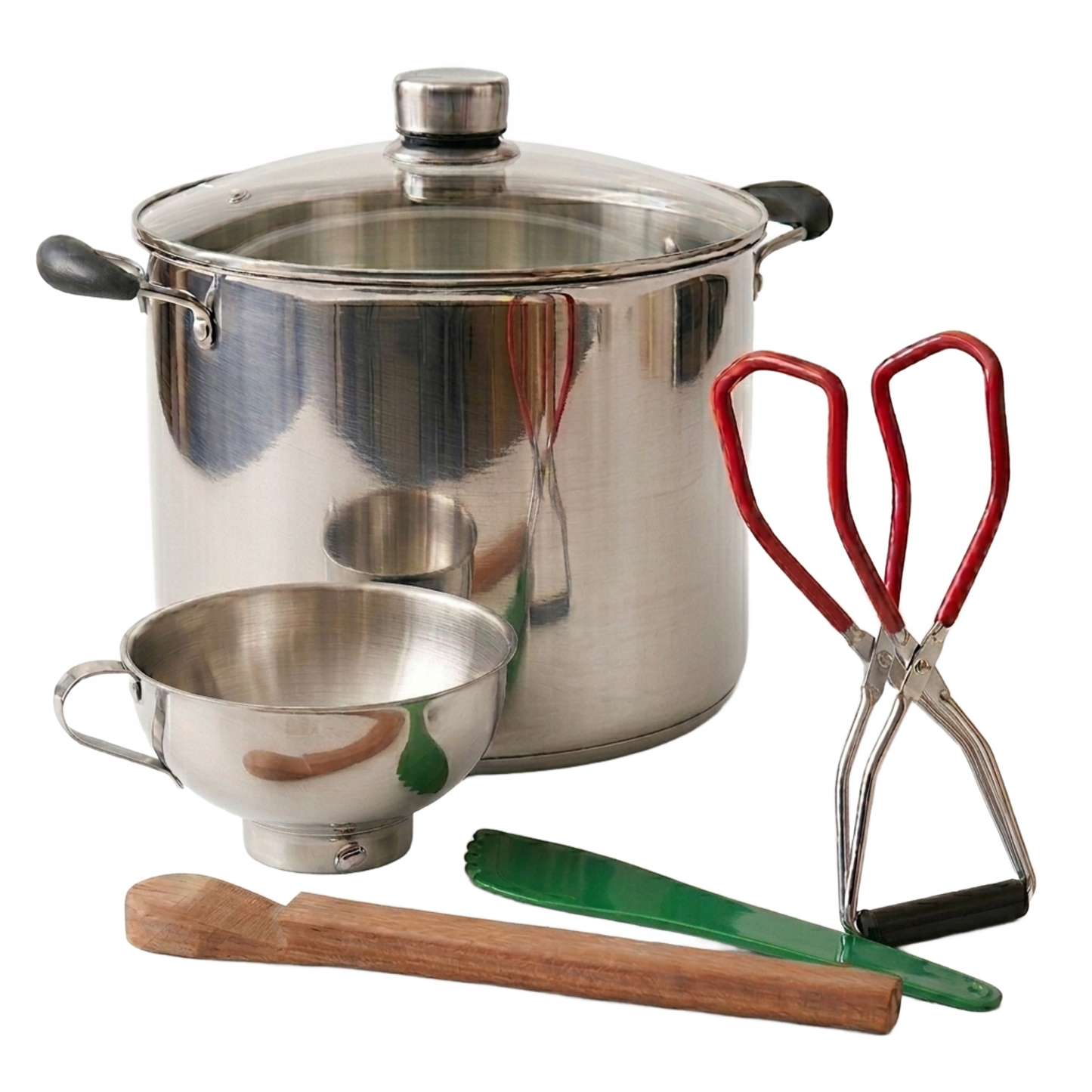 Handcrafted stainless steel water bath canner with glass lid, accompanied by a stainless steel funnel, wooden stirring paddle, red-handled jar lifter, and green tongs for Kitchen & Food, Food Preservation, and Canning collections.
