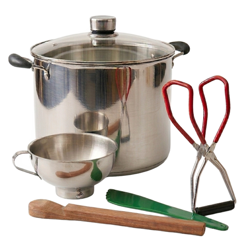 Handcrafted stainless steel water bath canner with glass lid, accompanied by a stainless steel funnel, wooden stirring paddle, red-handled jar lifter, and green tongs for Kitchen & Food, Food Preservation, and Canning collections.