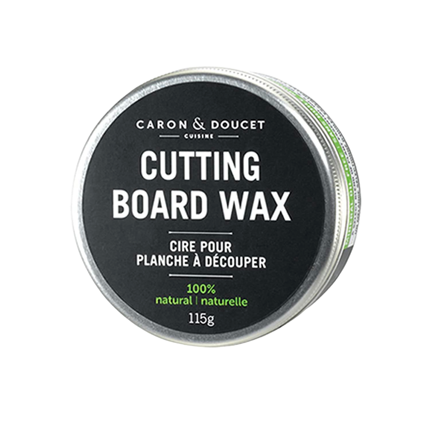 Round tin of 100% natural cutting board wax conditioner with green accents, designed for wood care in Kitchen & Food and Food Prep collections.