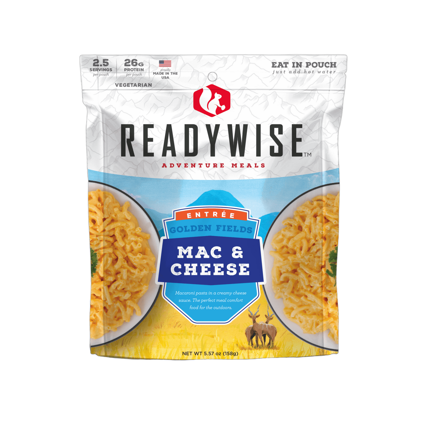 Shelf-stable Golden Fields macaroni and cheese meal pouch featuring creamy cheesy pasta, high protein content, and made in USA, ideal for camping, emergency supplies, kitchen, and pantry collections.