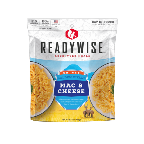 Shelf-stable Golden Fields macaroni and cheese meal pouch featuring creamy cheesy pasta, high protein content, and made in USA, ideal for camping, emergency supplies, kitchen, and pantry collections.