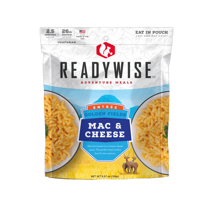 Shelf-stable Golden Fields macaroni and cheese meal pouch featuring creamy cheesy pasta, high protein content, and made in USA, ideal for camping, emergency supplies, kitchen, and pantry collections.