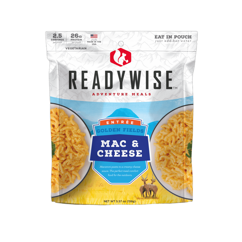 Shelf-stable Golden Fields macaroni and cheese meal pouch featuring creamy cheesy pasta, high protein content, and made in USA, ideal for camping, emergency supplies, kitchen, and pantry collections.
