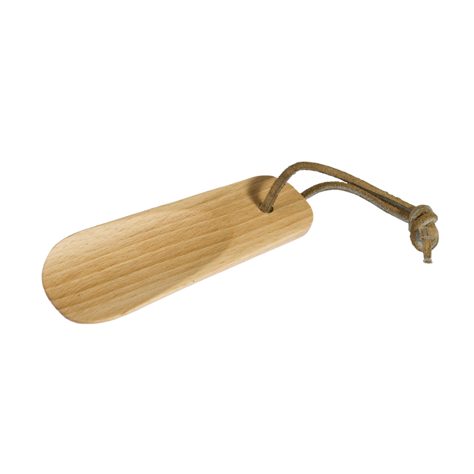 Compact handcrafted beechwood shoehorn with leather strap, designed to protect shoes and simplify dressing; ideal for Health & Wellness, Clothing and Accessories, and Best Sellers collections.