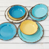 Set of 12 rustic melamine dinnerware in off white, dandelion yellow, and blue with a distressed brown rim, ideal for Kitchen & Food, Storage and Serving, and Best Sellers collections.