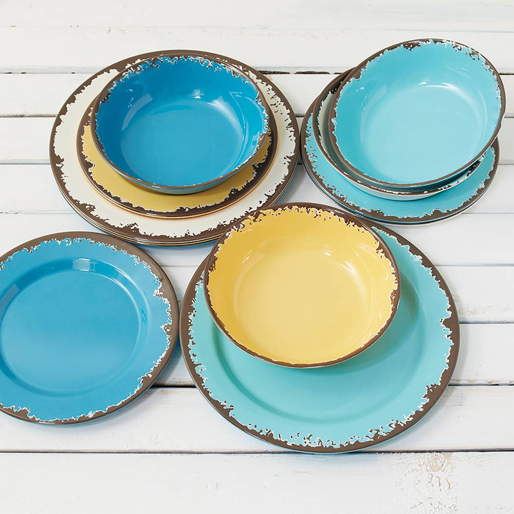 Set of 12 rustic melamine dinnerware in off white, dandelion yellow, and blue with a distressed brown rim, ideal for Kitchen & Food, Storage and Serving, and Best Sellers collections.