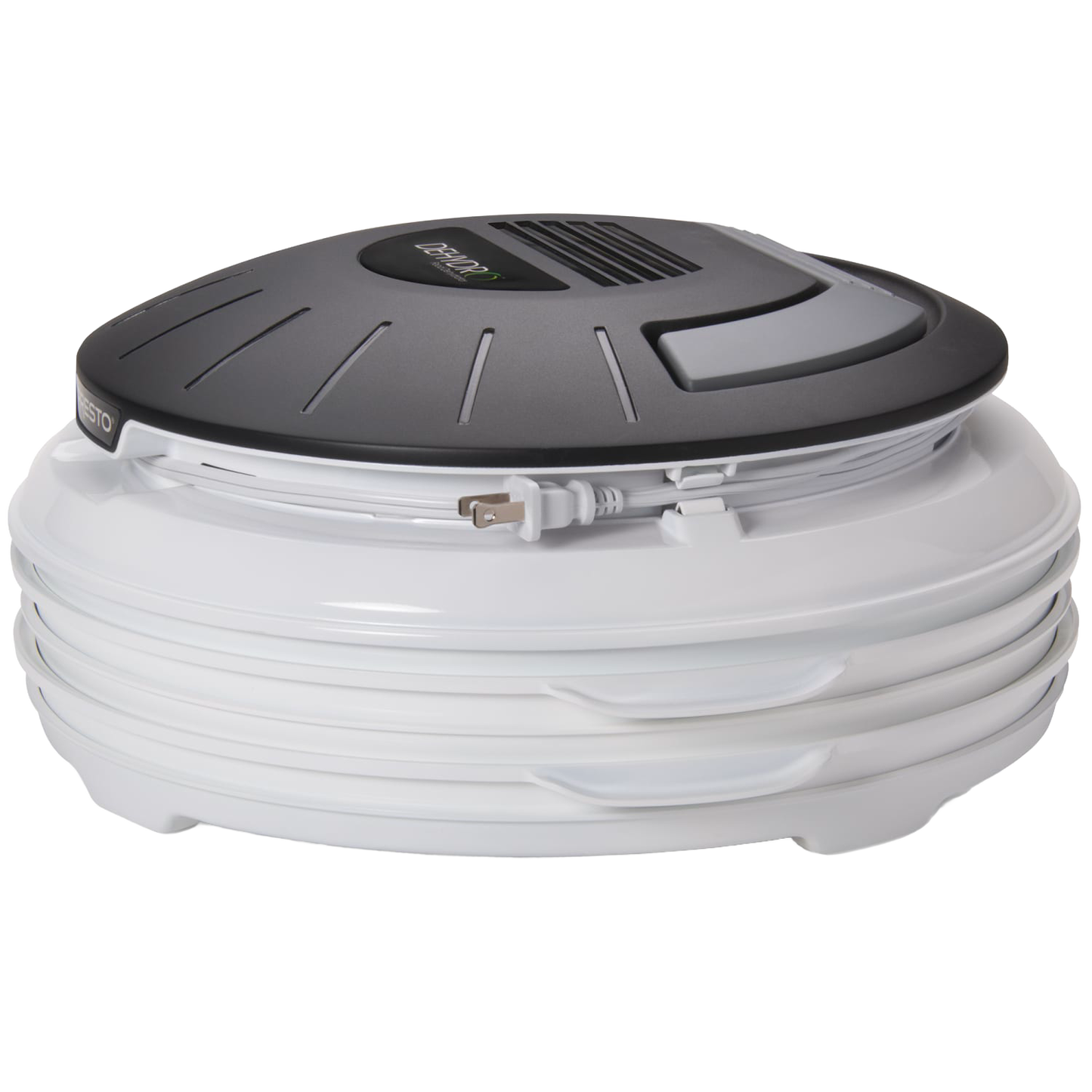 Compact electric food dehydrator with stackable white nesting trays and a dark vented top, designed for easy food drying and storage in Kitchen & Food, Food Preservation, and Drying collections.