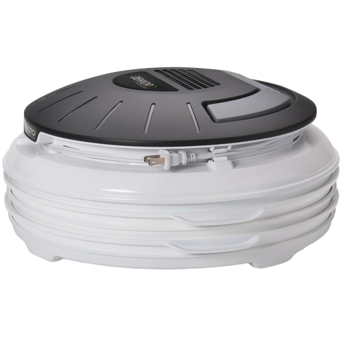Compact electric food dehydrator with stackable white nesting trays and a dark vented top, designed for easy food drying and storage in Kitchen & Food, Food Preservation, and Drying collections.