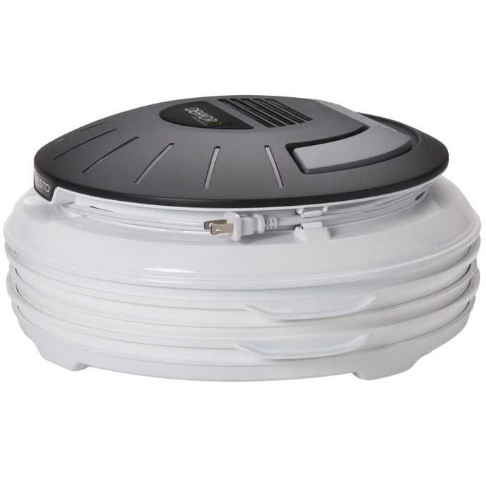 Compact electric food dehydrator with stackable white nesting trays and a dark vented top, designed for easy food drying and storage in Kitchen & Food, Food Preservation, and Drying collections.