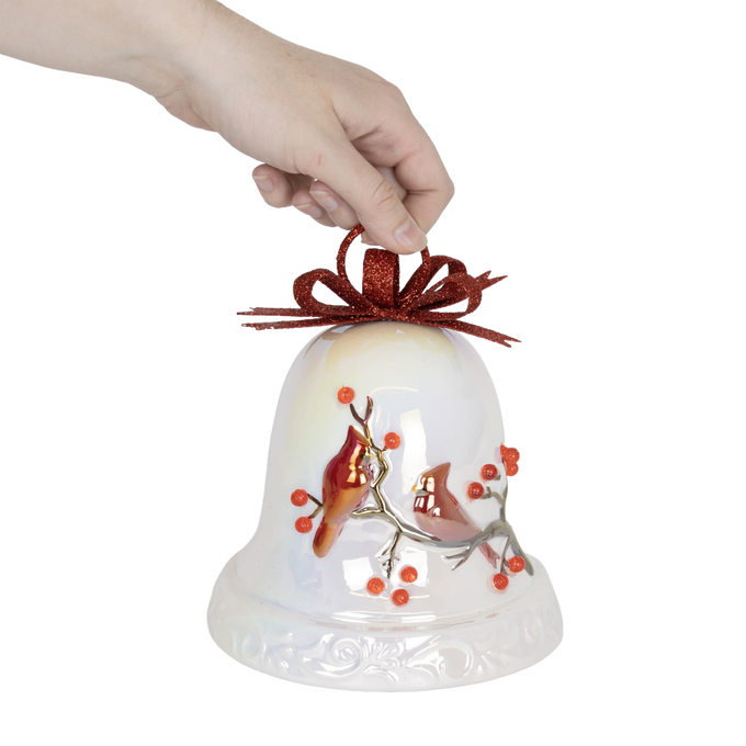 Handcrafted durable dolomite bell with red cardinals perched on a branch, featuring a glittery bow and battery-operated light, ideal for Home & Decor, Holiday Decor, and Promo Eligible collections.