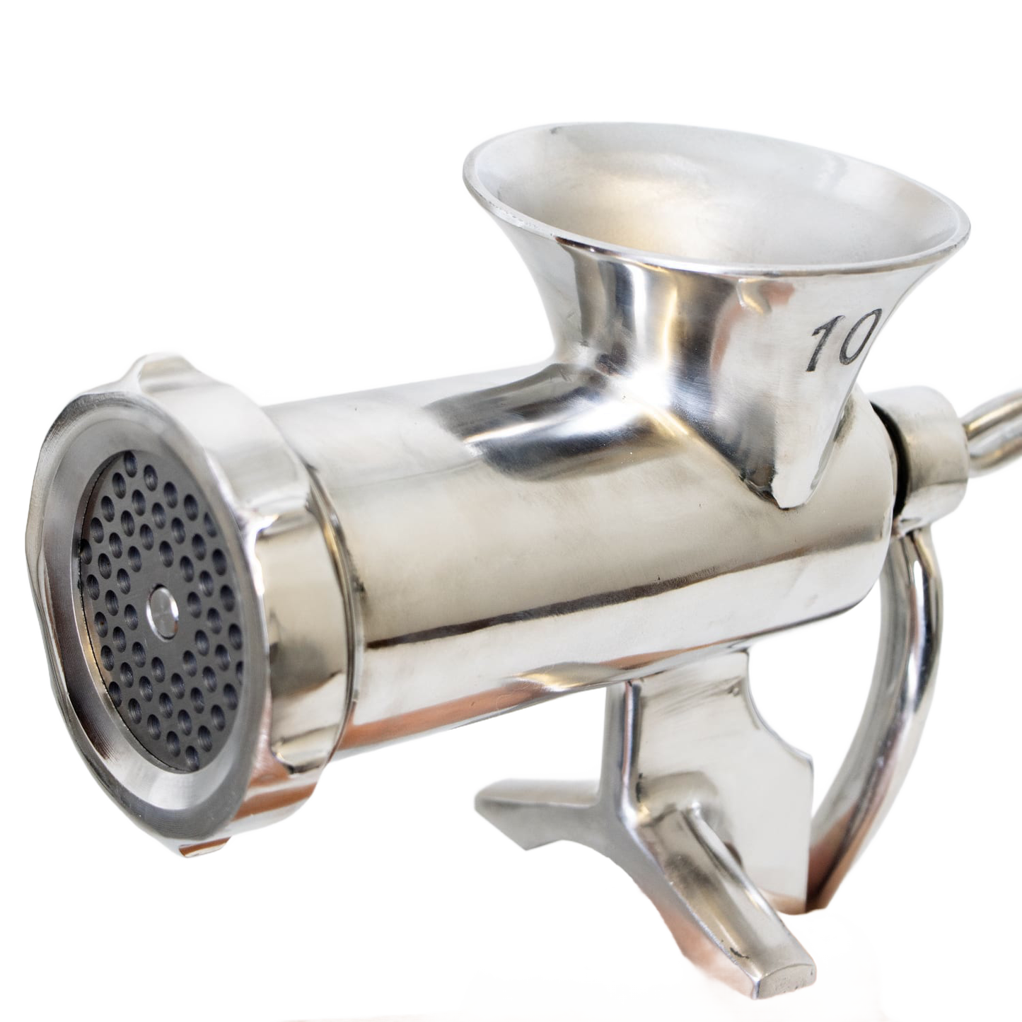 Stainless steel clamp-down meat grinder #10 with a built-in clamp for secure attachment, designed for Kitchen & Food, Specialty Equipment, and Butchering Supplies collections.