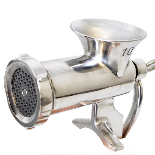Stainless steel clamp-down meat grinder #10 with a built-in clamp for secure attachment, designed for Kitchen & Food, Specialty Equipment, and Butchering Supplies collections.