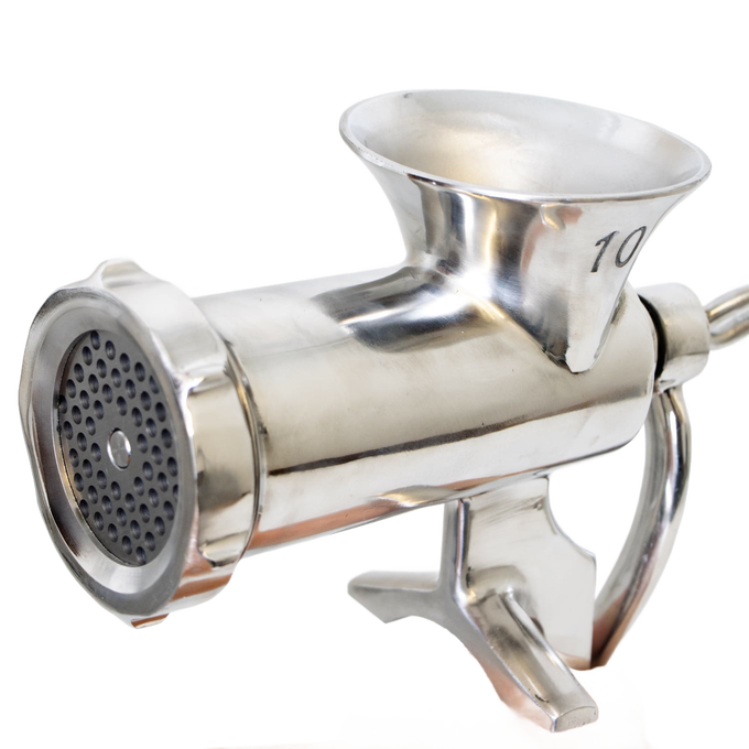 Stainless steel clamp-down meat grinder #10 with a built-in clamp for secure attachment, designed for Kitchen & Food, Specialty Equipment, and Butchering Supplies collections.