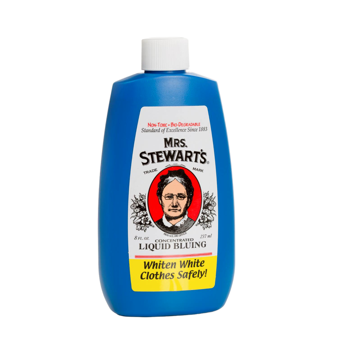 Blue plastic bottle of concentrated liquid bluing with white cap, featuring vintage label and eco-friendly, non-toxic formula, ideal for Laundry Supplies and USA Made collections.