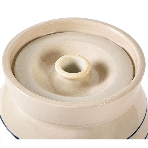 Close-up of the handmade stoneware lid in cream with a subtle blue stripe accent, part of the USA Made Kitchen & Food and Storage and Serving collections.