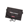 Compact black fabric solar charger pouch branded with "Allpowers" logo and equipped with carabiner clips, suitable for farm, garden, emergency, and outdoor appliance use.