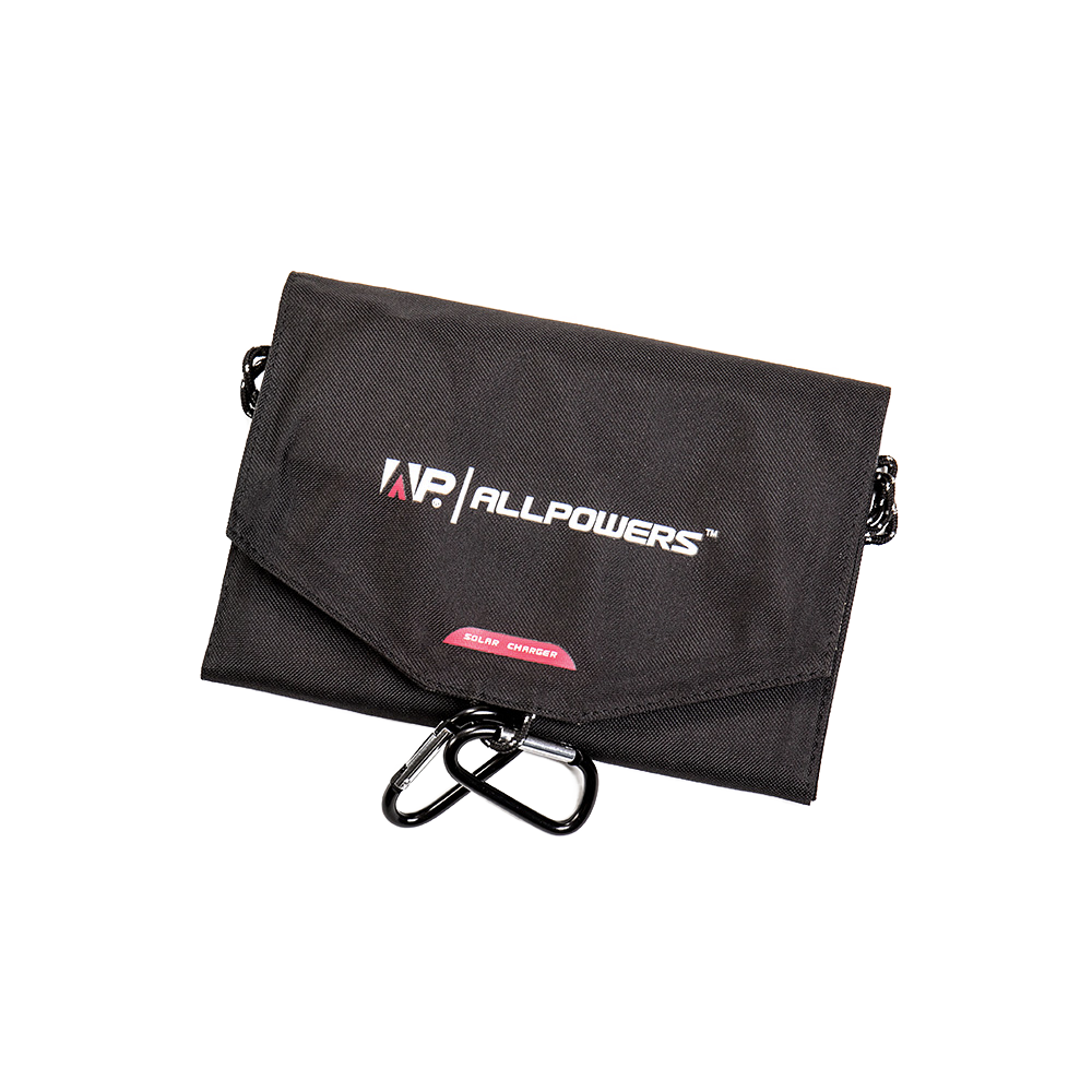 Compact black fabric solar charger pouch branded with "Allpowers" logo and equipped with carabiner clips, suitable for farm, garden, emergency, and outdoor appliance use.
