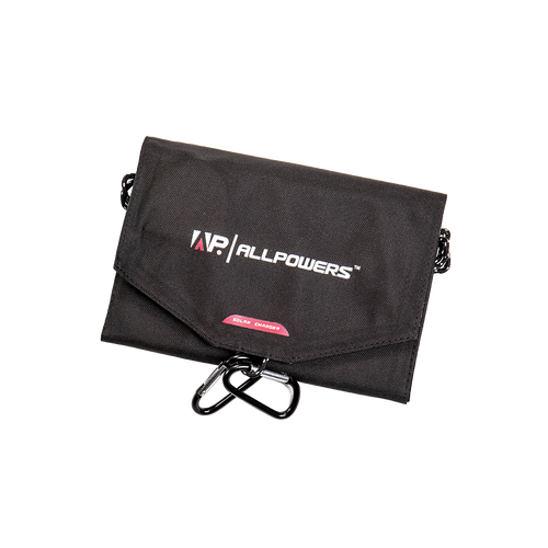 Compact black fabric solar charger pouch branded with "Allpowers" logo and equipped with carabiner clips, suitable for farm, garden, emergency, and outdoor appliance use.