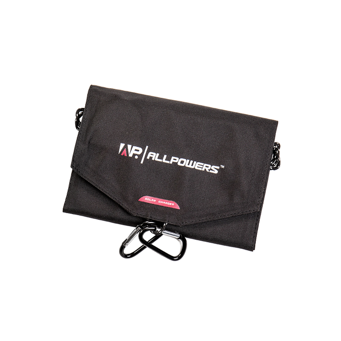 Compact black fabric solar charger pouch branded with "Allpowers" logo and equipped with carabiner clips, suitable for farm, garden, emergency, and outdoor appliance use.