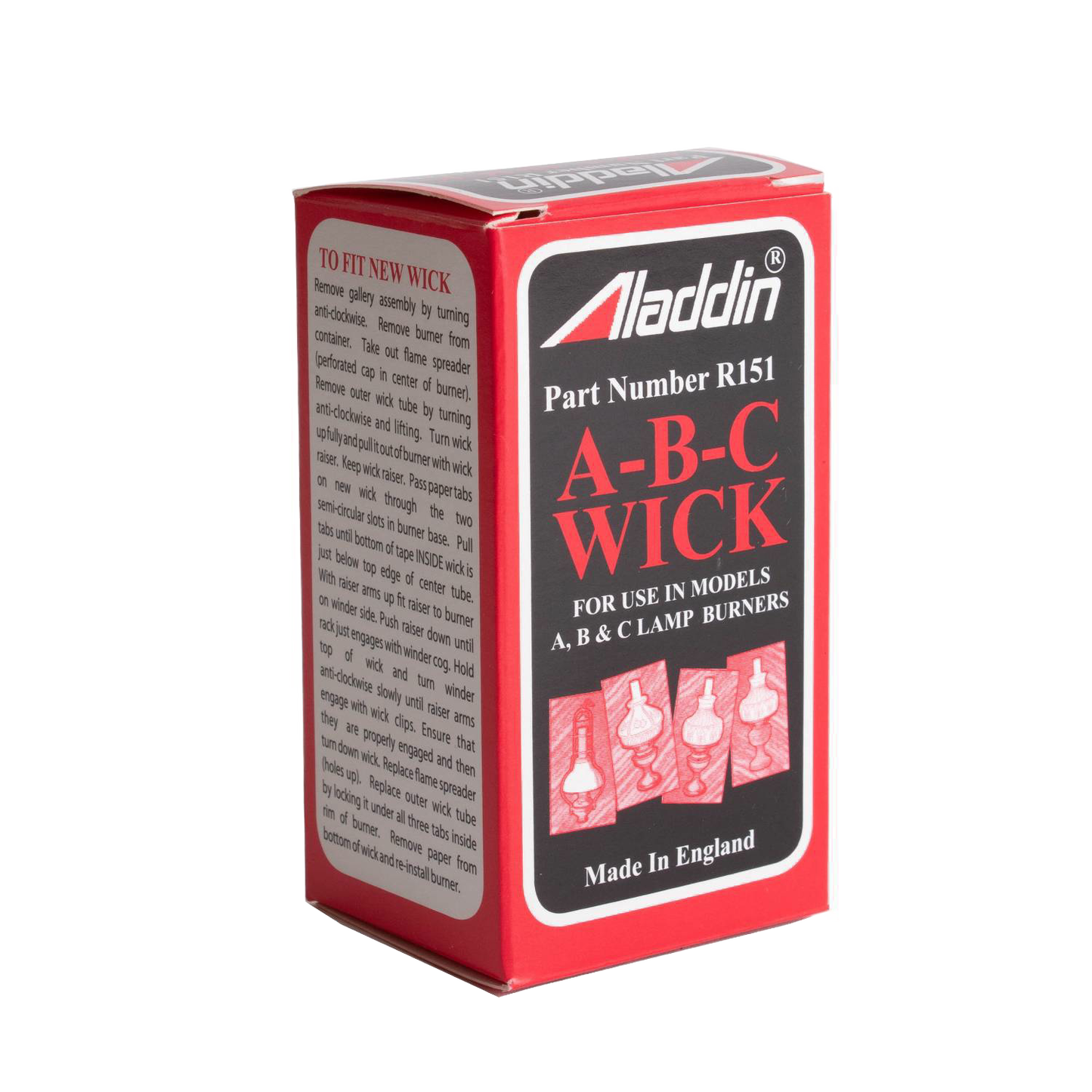 Box packaging of a handcrafted Aladdin lamp wick designed for use with A, B, and C model burners, featured in Lamps & Lighting, Parts and Accessories, Wicks and Mantles, and Best Sellers collections.
