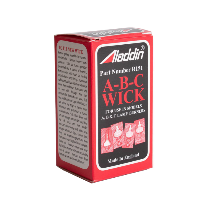 Box packaging of a handcrafted Aladdin lamp wick designed for use with A, B, and C model burners, featured in Lamps & Lighting, Parts and Accessories, Wicks and Mantles, and Best Sellers collections.