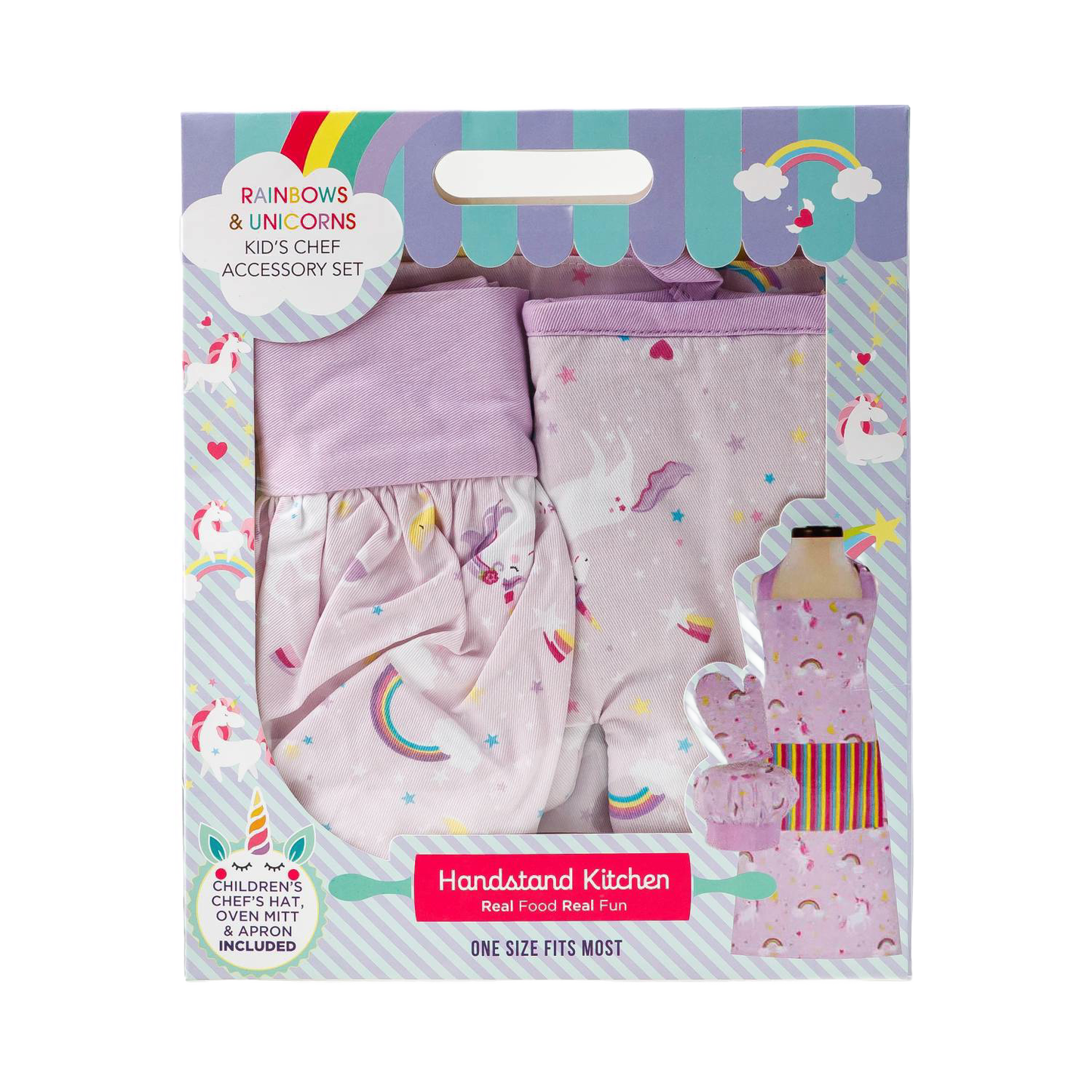Colorful boxed set featuring a youth apron, chef hat, and oven mitt with rainbows and unicorns design, perfect for kids’ cooking and arts projects in Kitchen & Food and Children’s Toys collections.