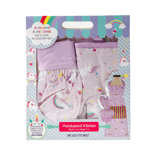 Colorful boxed set featuring a youth apron, chef hat, and oven mitt with rainbows and unicorns design, perfect for kids’ cooking and arts projects in Kitchen & Food and Children’s Toys collections.