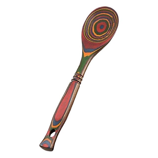 Unique handcrafted pakkawood spoon showcasing vibrant concentric color patterns in red, green, and natural tones, sturdy and heat resistant, ideal for Kitchen & Food, Kitchen Gadgets, and Best Sellers collections.