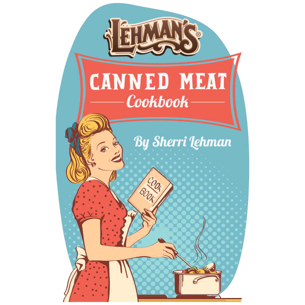 Retro-style illustration of a woman in a red polka dot dress cooking from a cookbook next to a steaming pot, representing an exclusive, handcrafted cookbook in USA Made and Cookbooks collections.