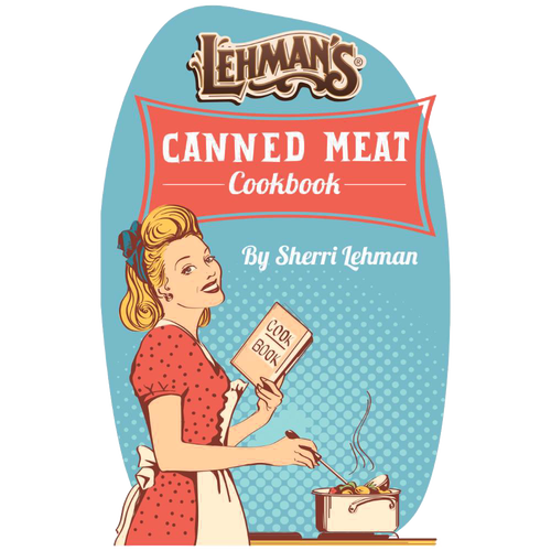 Retro-style illustration of a woman in a red polka dot dress cooking from a cookbook next to a steaming pot, representing an exclusive, handcrafted cookbook in USA Made and Cookbooks collections.