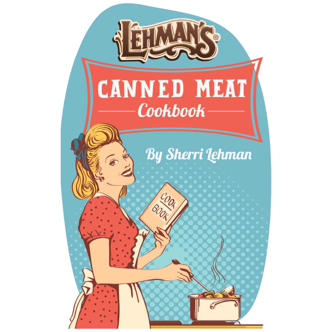 Retro-style illustration of a woman in a red polka dot dress cooking from a cookbook next to a steaming pot, representing an exclusive, handcrafted cookbook in USA Made and Cookbooks collections.