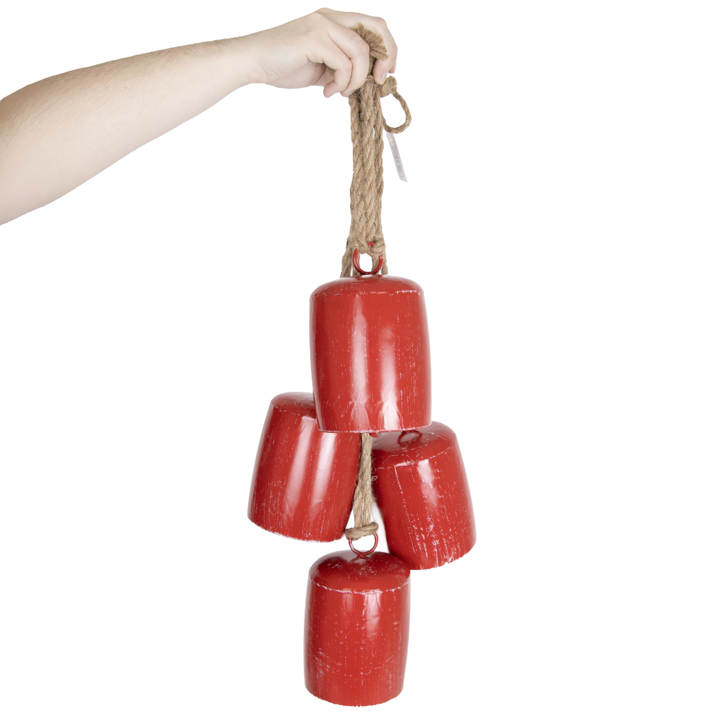 Handcrafted Christmas cowbells in antiqued red metal hanging from rustic rope, delivering a cheerful jingle, perfect for Home & Decor, Holiday Decor, Best Sellers, and Promo Eligible collections.