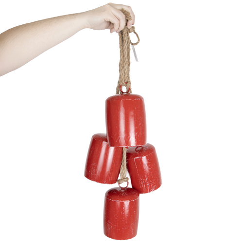 Handcrafted Christmas cowbells in antiqued red metal hanging from rustic rope, delivering a cheerful jingle, perfect for Home & Decor, Holiday Decor, Best Sellers, and Promo Eligible collections.