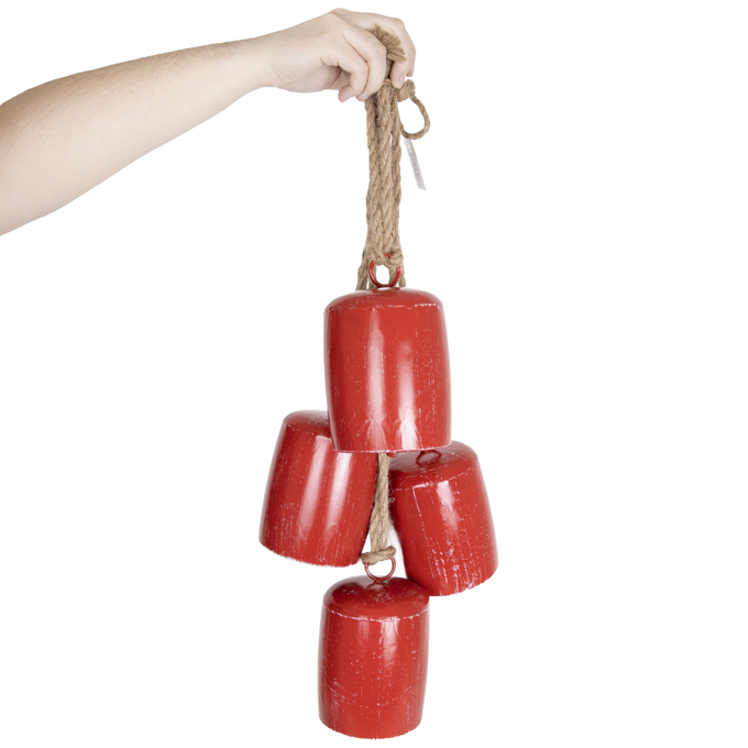 Handcrafted Christmas cowbells in antiqued red metal hanging from rustic rope, delivering a cheerful jingle, perfect for Home & Decor, Holiday Decor, Best Sellers, and Promo Eligible collections.