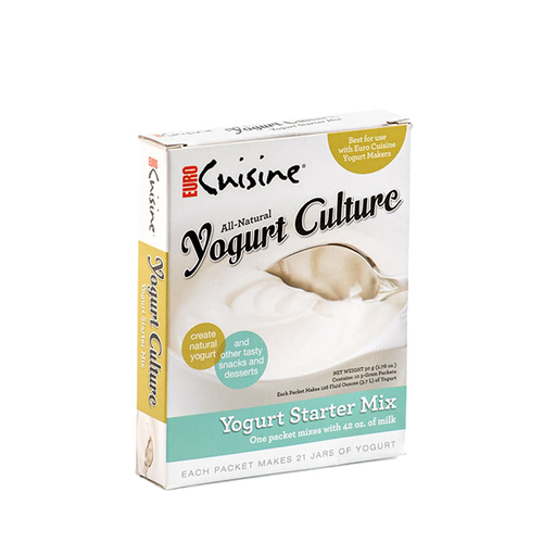 Packaging of all-natural yogurt starter mix for electric yogurt makers, highlighting easy preparation with milk, ideal for Kitchen & Food, Specialty Equipment, and DIY Cheese and Yogurt collections.